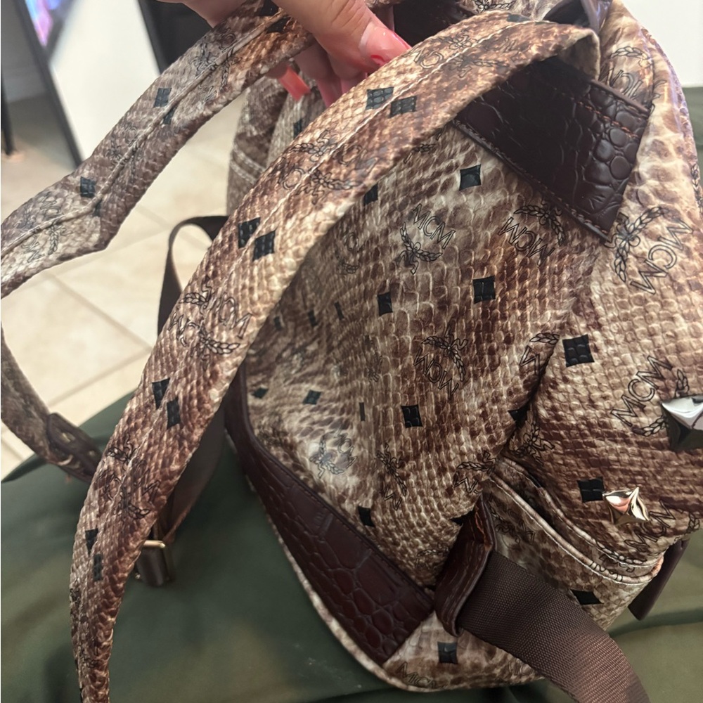 MCM Brown Snakeskin-Print Studded Backpack with Gold Hardware - Picture 5 of 11